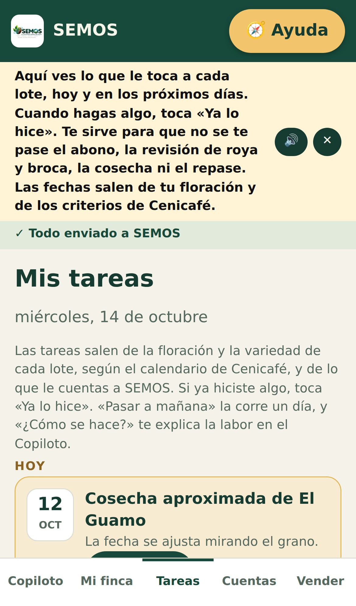 Pantalla de tareas de SEMOS con la cosecha aproximada de un lote