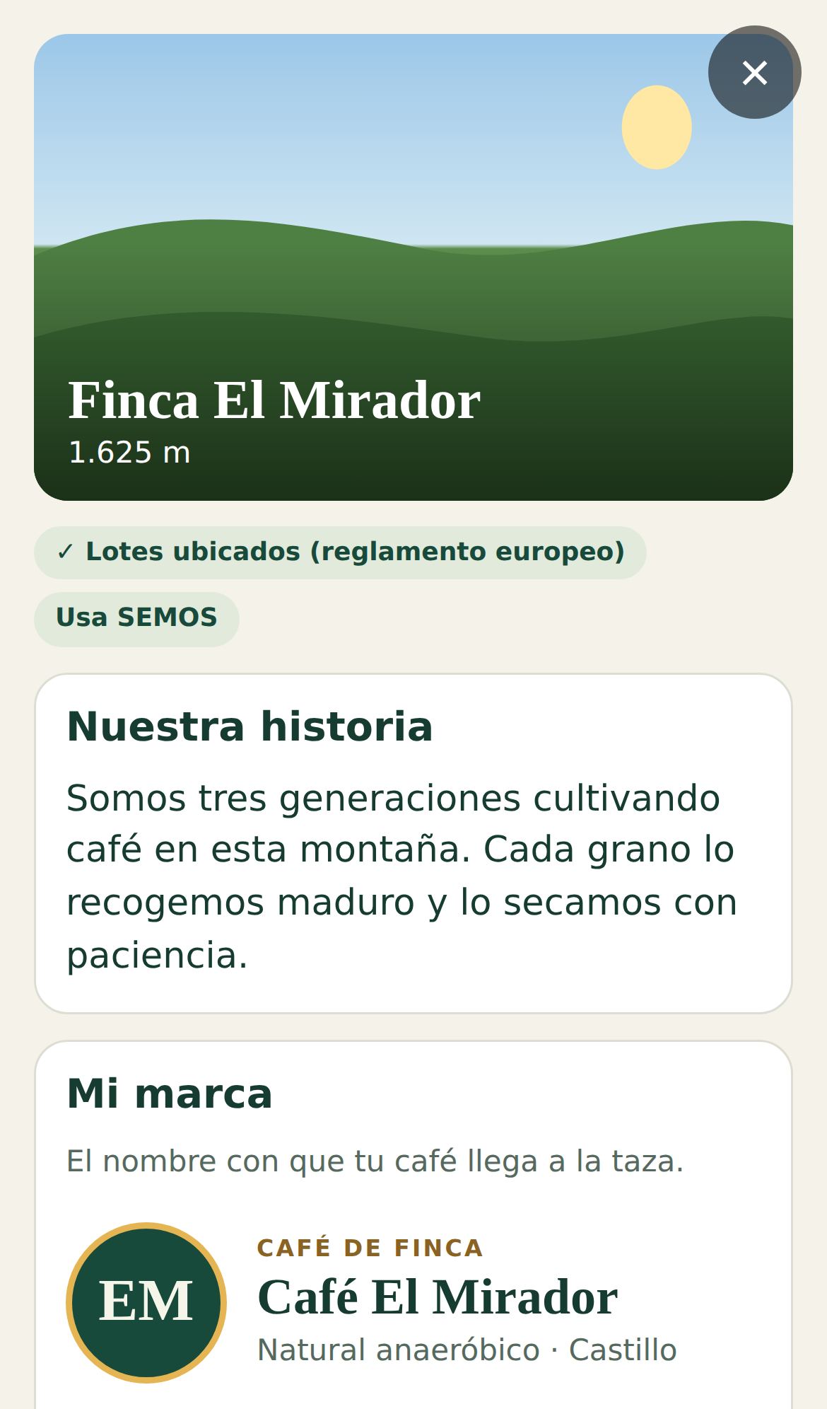 Mi vitrina en SEMOS: portada de la finca, sellos, historia y marca de café